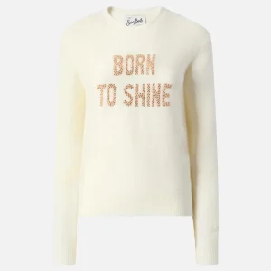 Maglia elasticizzata New Queen in misto lana merino e alpaca bianco con scritta applicata in strass Born to Shine